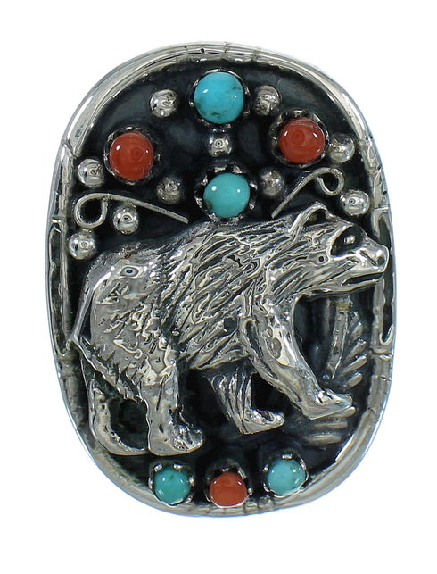 Sterling Silver Turquoise And Coral Southwest Bear Ring Size 6 RX84856